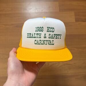 Vintage 1988 KCD Health and Safety Carnival Yellow Snapback Trucker Hat Cap VTG